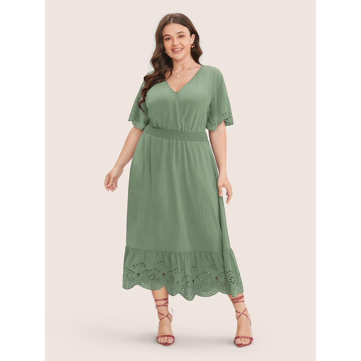 Plus Size Solid Laser Cut Shirred Pocket Wrap Scalloped Trim Flutter Dress Yellow Women Elegant Non V-neck Short sleeve Curvy Midi Dress BloomChic 12/L Product Image