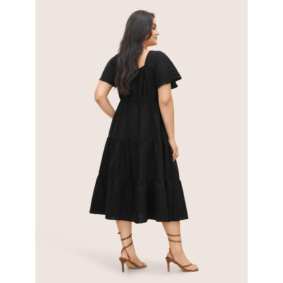 Plus Size Plain Ruched Drawstring Pocket Ruffle Tiered Dress Black Women Elegant Non V-neck Short sleeve Curvy Midi Dress BloomChic 22-24/3X Product Image