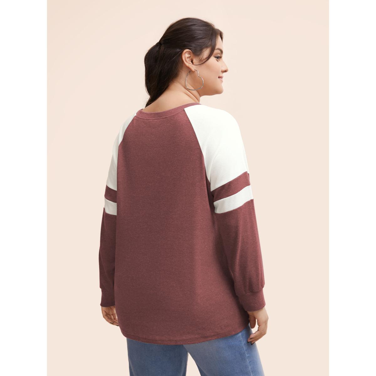 Plus Size Colorblock Contrast Stitch Raglan Sleeve T-shirt Russet Women Casual Elastic cuffs Striped Round Neck Dailywear T-shirts BloomChic 30/6X Product Image