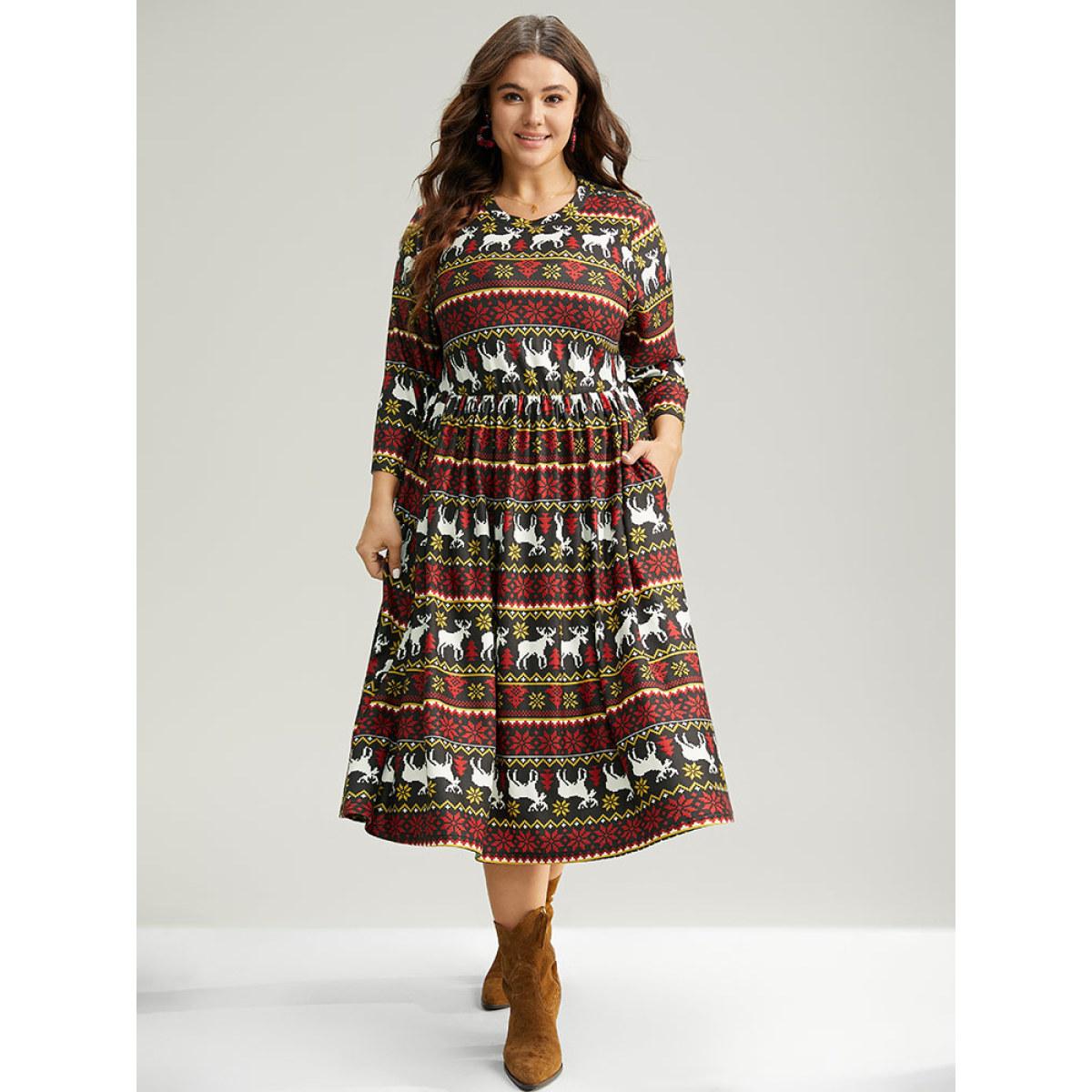 Plus Size Christmas Elk Contrast Elastic Waist Dress Multicolor Women Casual Printed Round Neck Long Sleeve Curvy Midi Dress BloomChic 18-20/2X Product Image