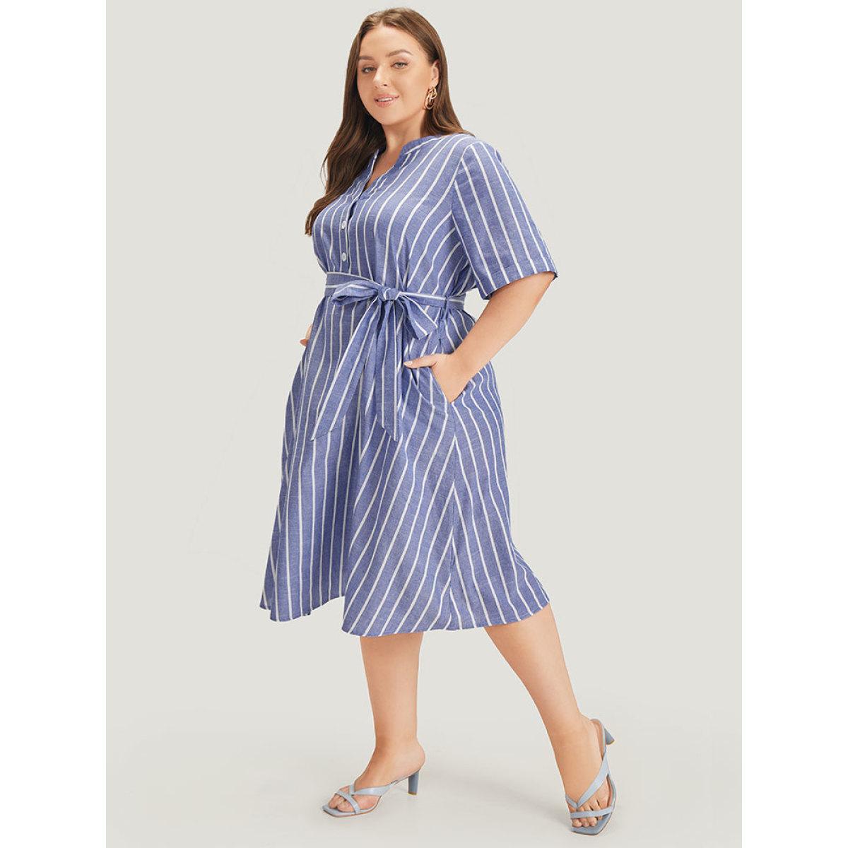 Plus Size Striped Print Belt Pocket Notched Button Up Dress Blue Women Office Cross straps Notched collar Short sleeve Curvy Midi Dress BloomChic 22-24/3X Product Image