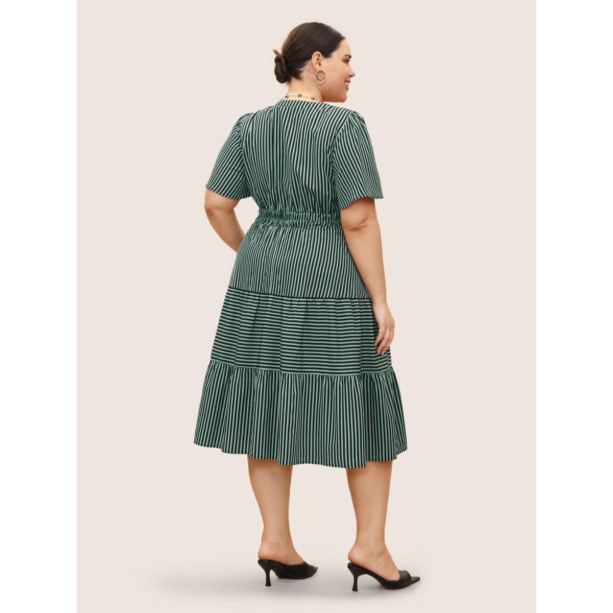 Plus Size Striped Button Detail Ruffle Layered Hem Dress Emerald Women At the Office Button Notched collar Short sleeve Curvy BloomChic 12/L Product Image