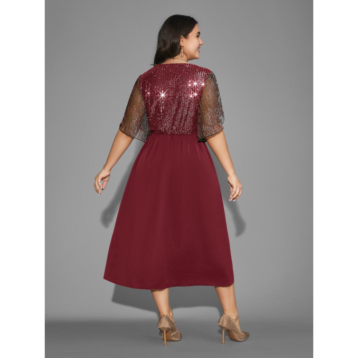 Plus Size Sequin Mesh Petal Sleeve Midi Dress Burgundy Women Cocktail Overlapping Party Curvy Bloomchic 18-20/2X Product Image