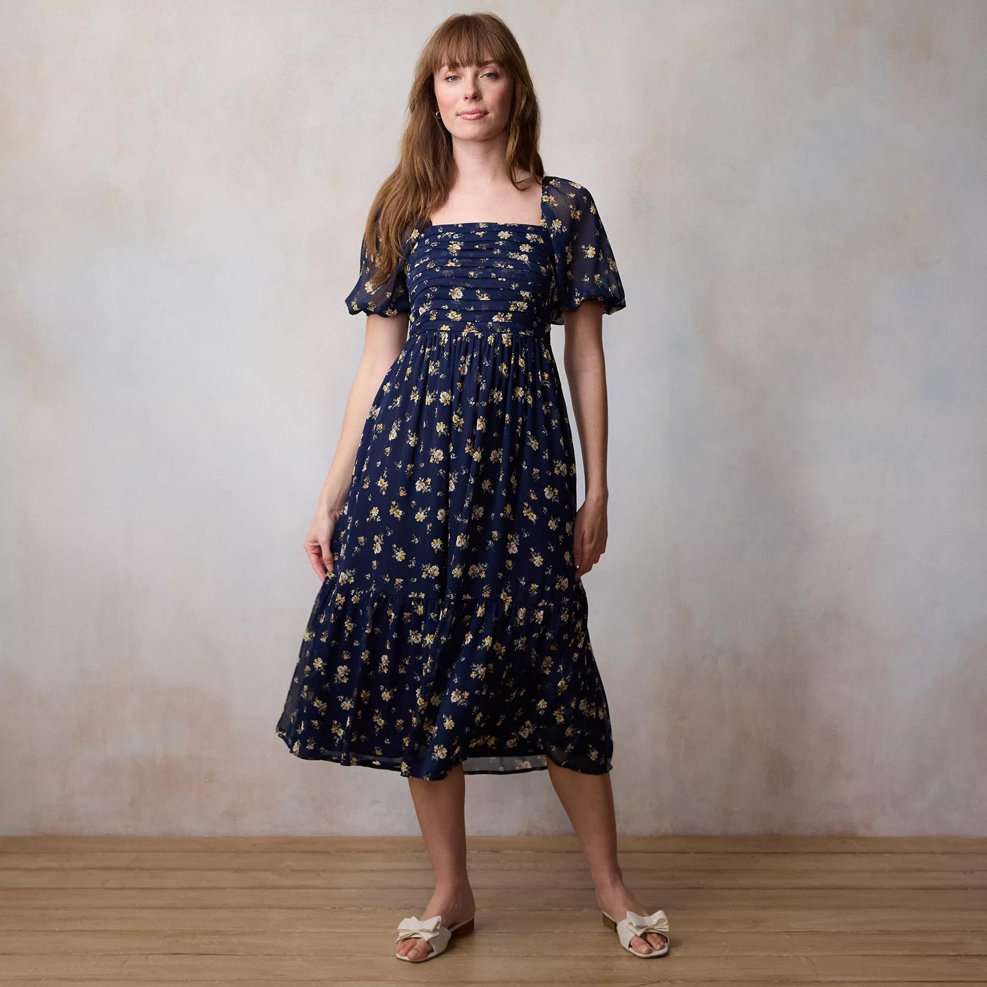 Petite LC Lauren Conrad Square Neck Pleated Bodice Midi Dress, Women's, Size: XS Petite, Blue Rosa Blooms Product Image