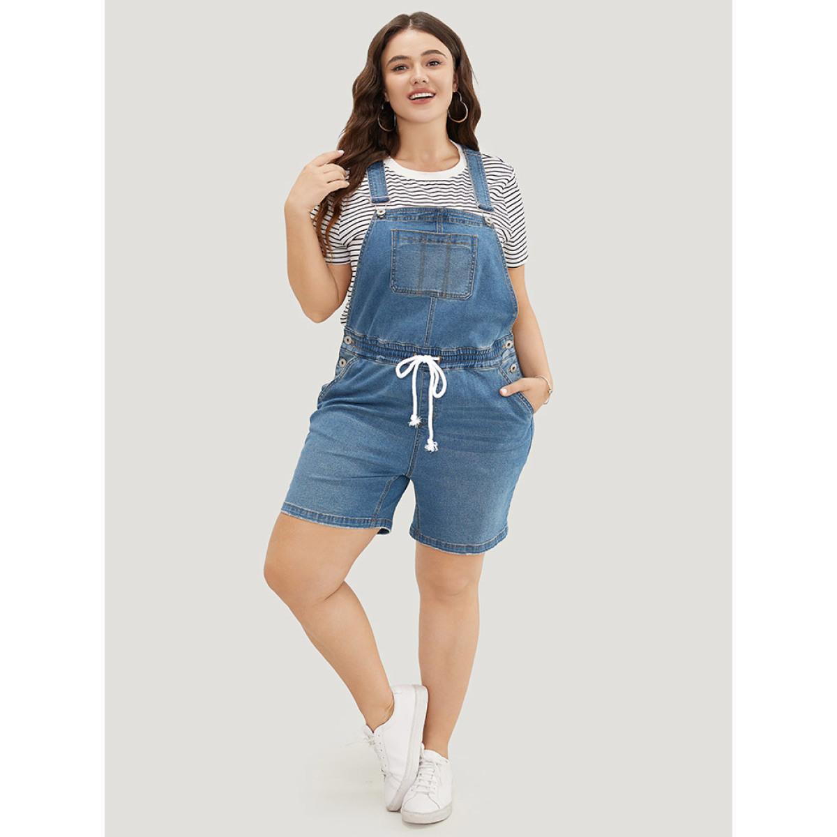 Plus Size Drawstring Button Up Dark Wash Denim Overalls Blue Women Plain Low stretch Dailywear Pocket Casual Denim Jumpsuits BloomChic 10/M Product Image