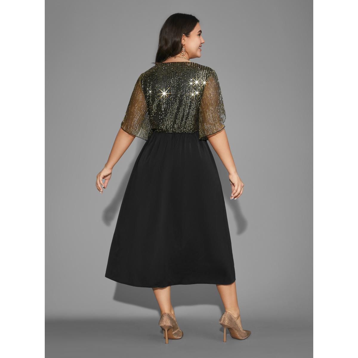 Plus Size Sequin Mesh Petal Sleeve Midi Dress Black Women Cocktail Overlapping Party Curvy Bloomchic 18-20/2X Product Image