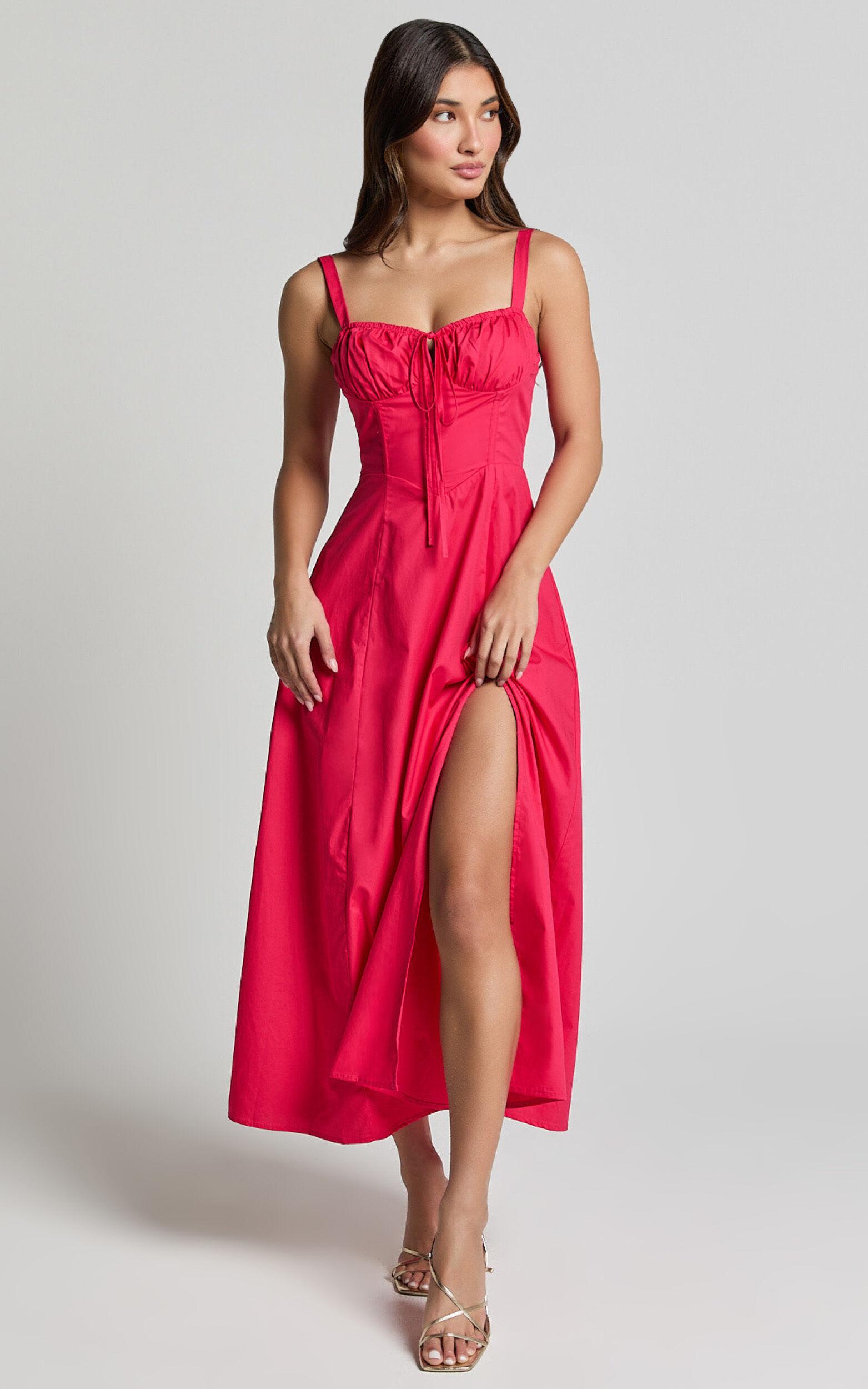 Maiya Midi Dress - Tie Front Fitted Bodice Dress in Hot Pink Product Image
