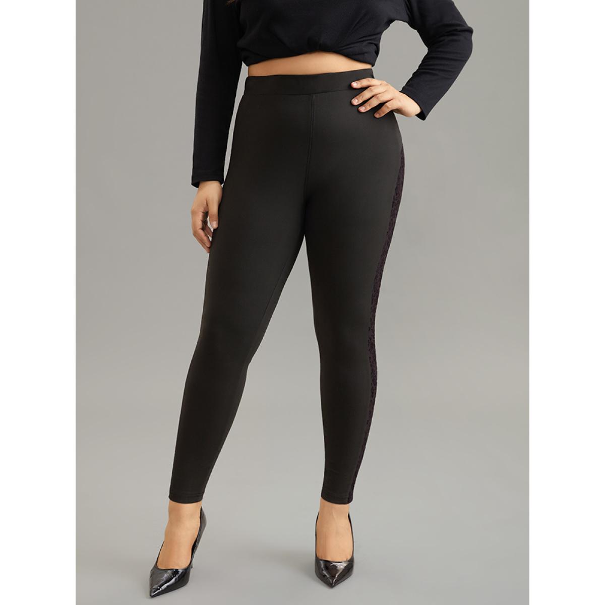 Plus Size Silhouette Floral Print Flocking Mesh Patchwork Leggings Women Black Casual High stretch Skinny High Rise Dailywear Leggings BloomChic 28/5X Product Image