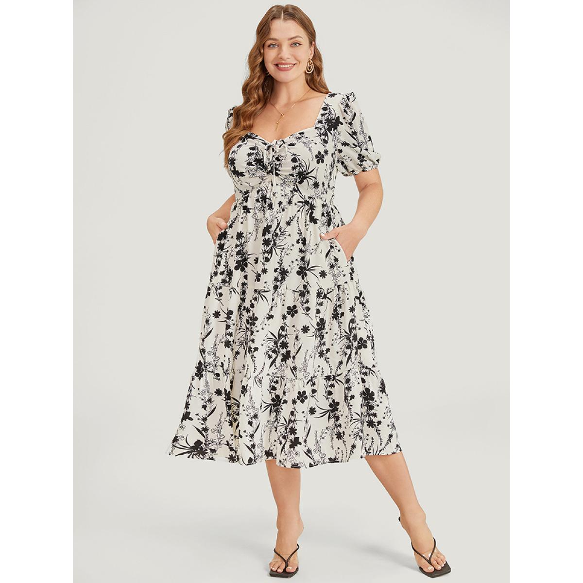 Plus Size Floral Puff Sleeve Pocket Ruched Drawstring Ruffle Dress Black Women Elegant Lined Square Neck Short sleeve Curvy Midi Dress BloomChic 30/6X Product Image