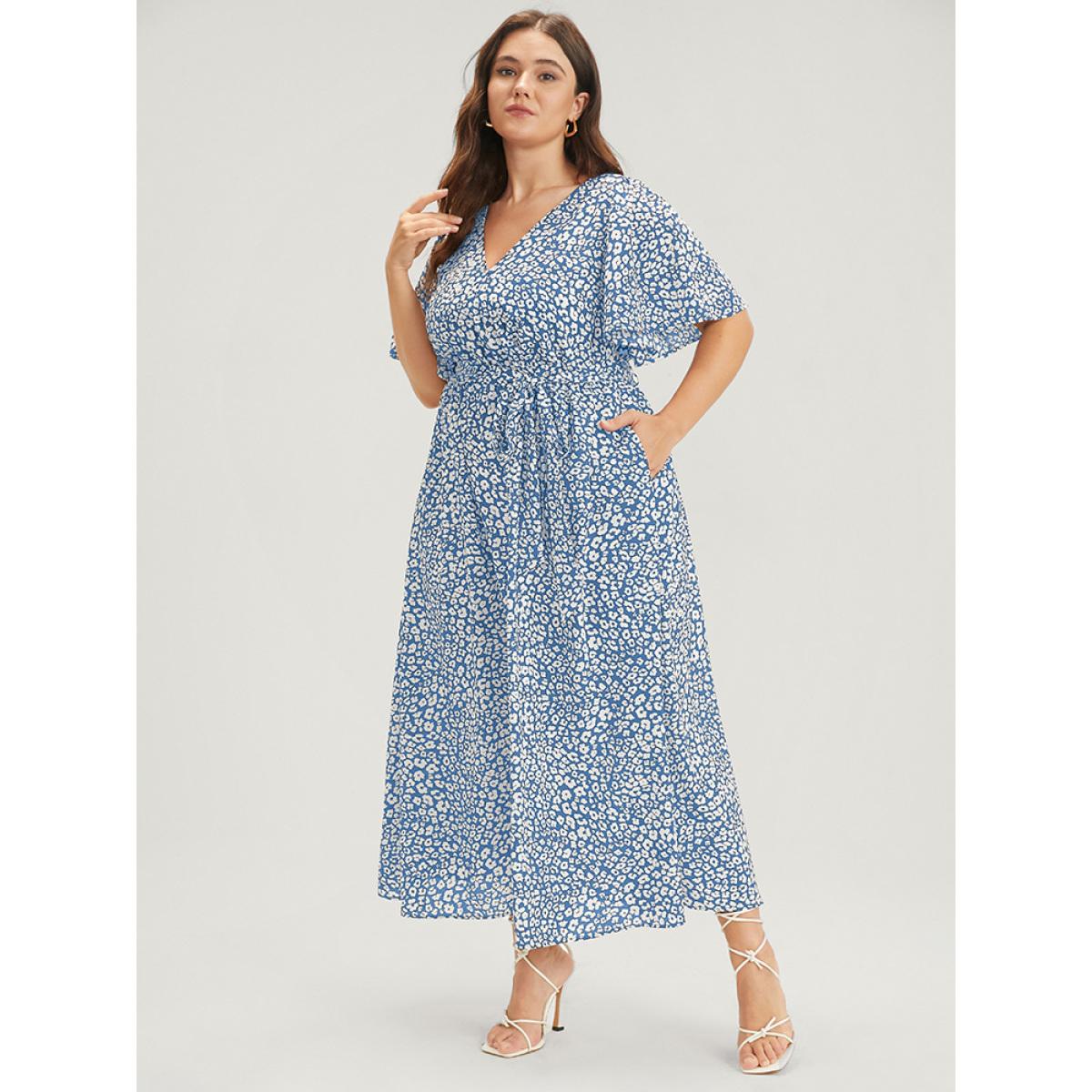 Plus Size Floral Knotted Pocket Flutter Button Wrap Dress Stone Women Elegant Belted V-neck Short sleeve Curvy Midi Dress BloomChic 26/4X Product Image