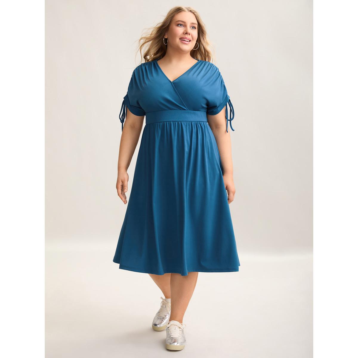 Plus Size Drawstring Shoulder Surplice Neck Stretchy Midi Dress Cyan Women Casual Drawstring Knit Dresses Bloomchic 10/M Product Image