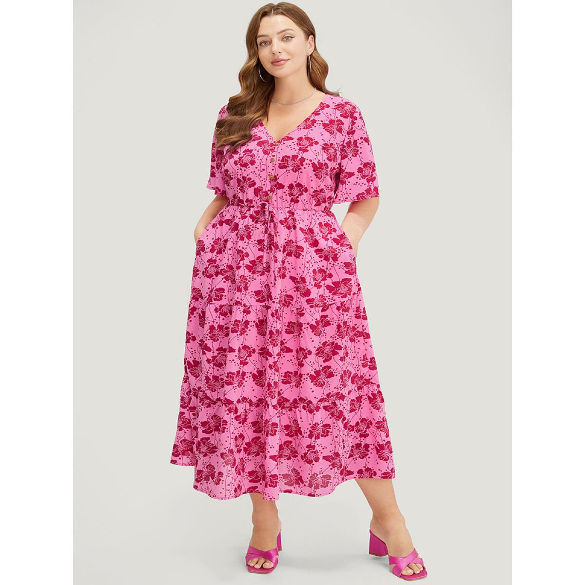 Plus Size Floral Button Detail Pocket Knotted Ruffle Hem Dress Pink Women Elegant Button V-neck Short sleeve Curvy Midi Dress BloomChic 12/L Product Image