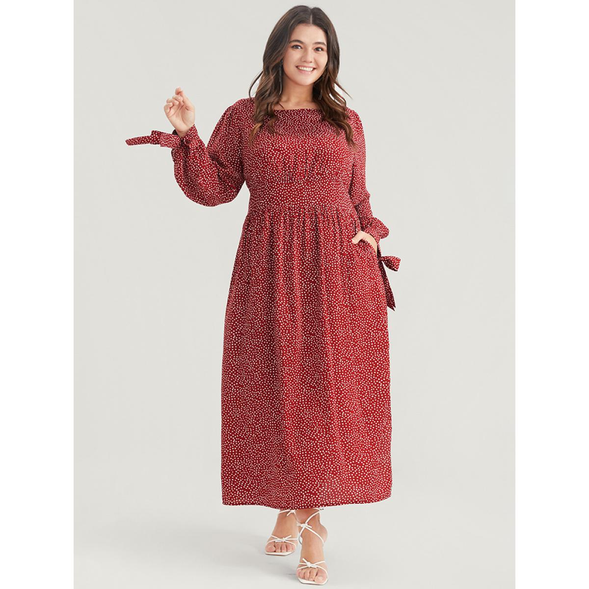 Plus Size Polka Dot Knotted Sleeve Pocket Shirred Split Dress Scarlet Women Elegant Cross straps Round Neck Long Sleeve Curvy Midi Dress BloomChic 14-16/1X Product Image