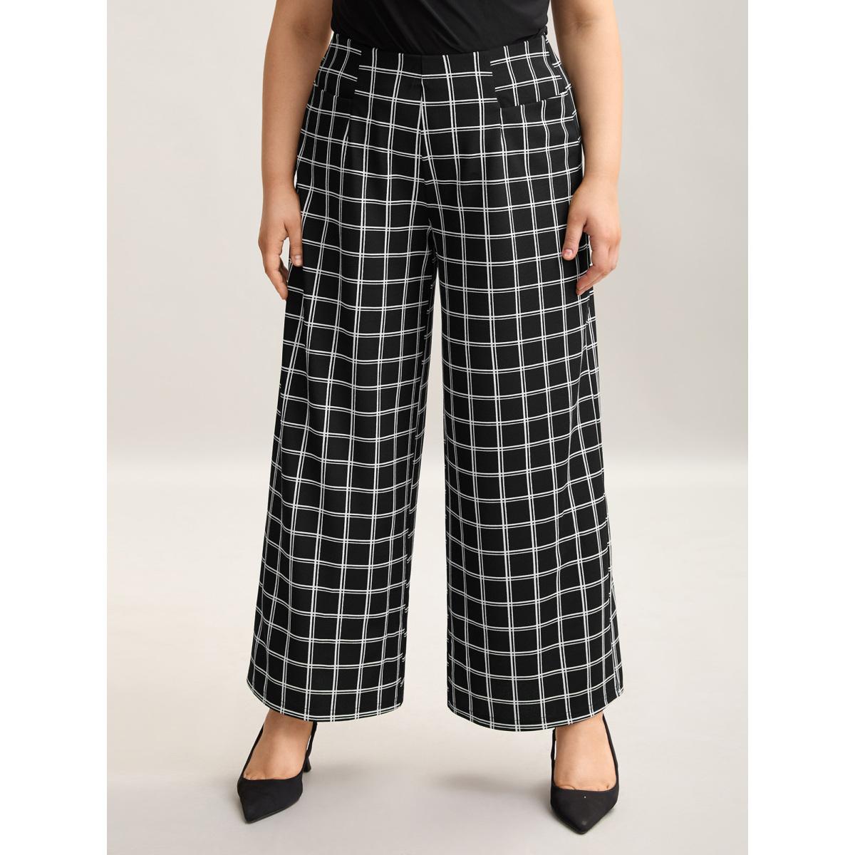Plus Size Plaid Pattern Stretchy Waist Wide-Leg Pants Women Black At the Office Wide Leg Mid Rise Work Pants BloomChic 22-24/3X Product Image