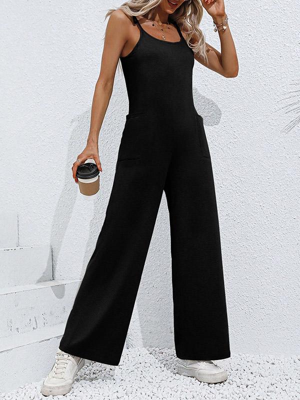 High Waisted Sleeveless Pockets Solid Color Tied Spaghetti-Neck Jumpsuits Product Image
