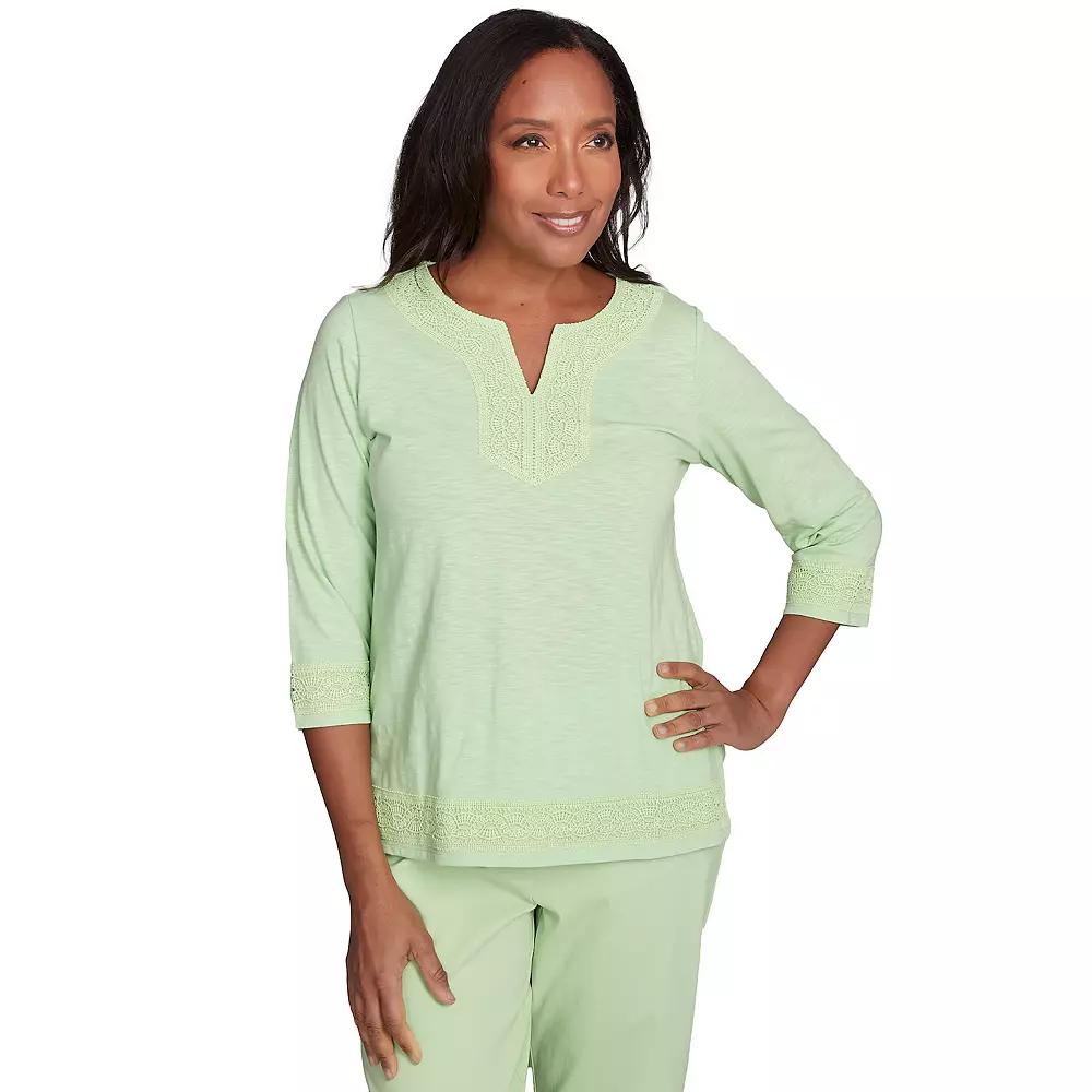 Women's Alfred Dunner Solid Split Neck Lace Trim Top,  Product Image