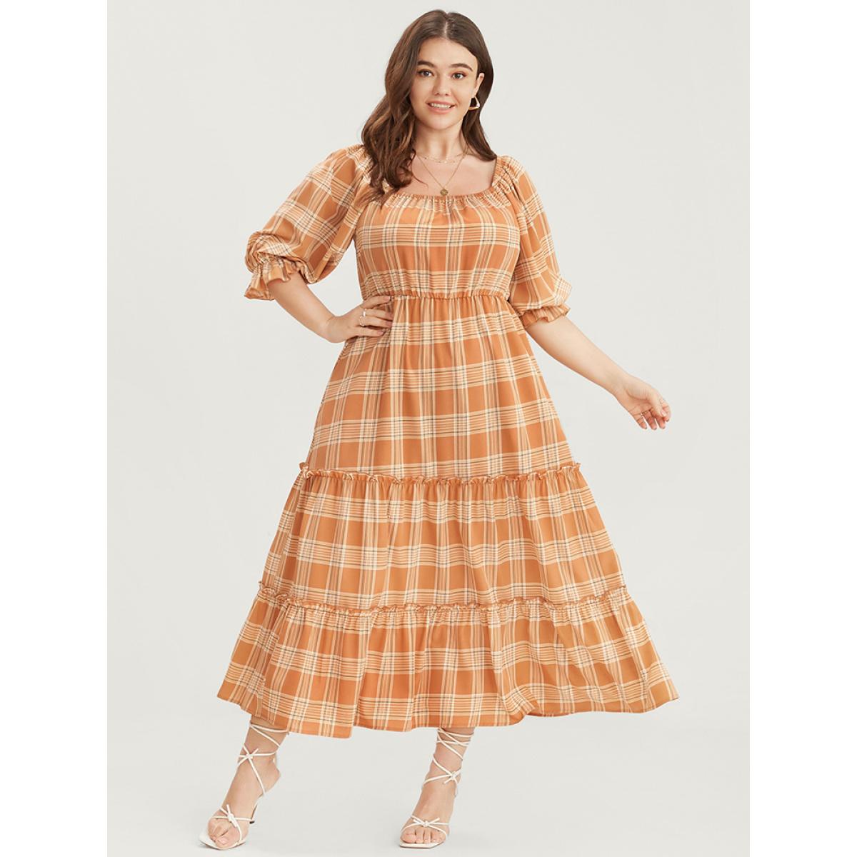 Plus Size Plaid Square Neck Lantern Sleeve Pocket Flutter Dress LightBrown Women Elegant Tiered Square Neck Half Sleeve Curvy Midi Dress BloomChic 22-24/3X Product Image