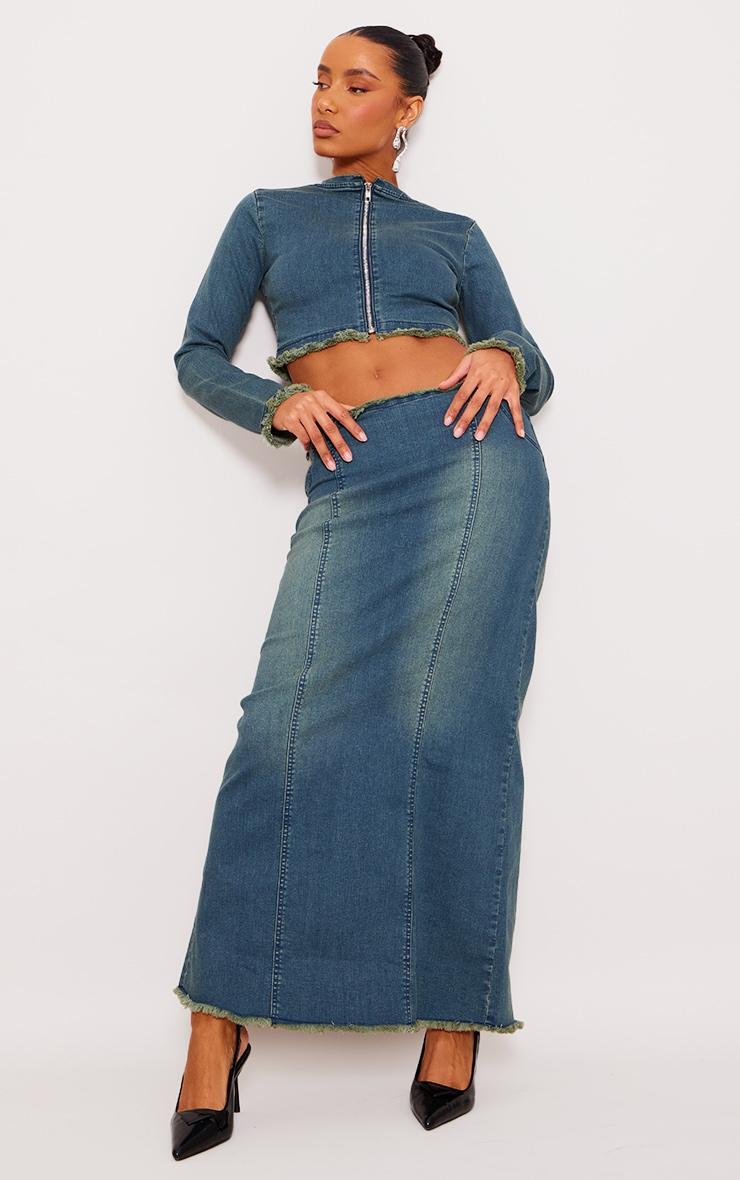 Indigo Blue Wash Raw Hem Long Sleeve Denim Top Product Image