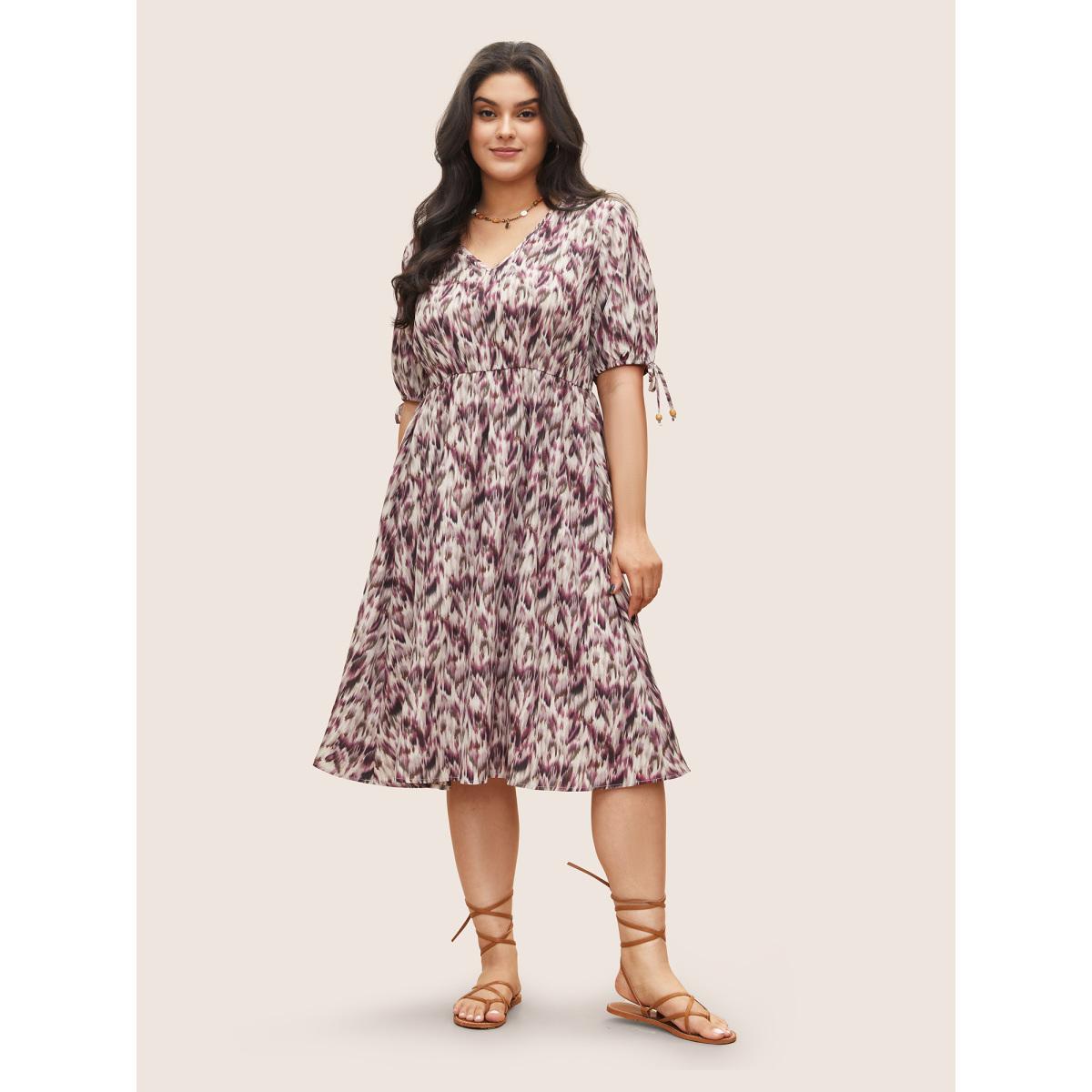 Plus Size Ombre Brush Print Ties Elastic Waist Dress RedViolet Women Elegant Non V-neck Half Sleeve Curvy Midi Dress BloomChic 10/M Product Image