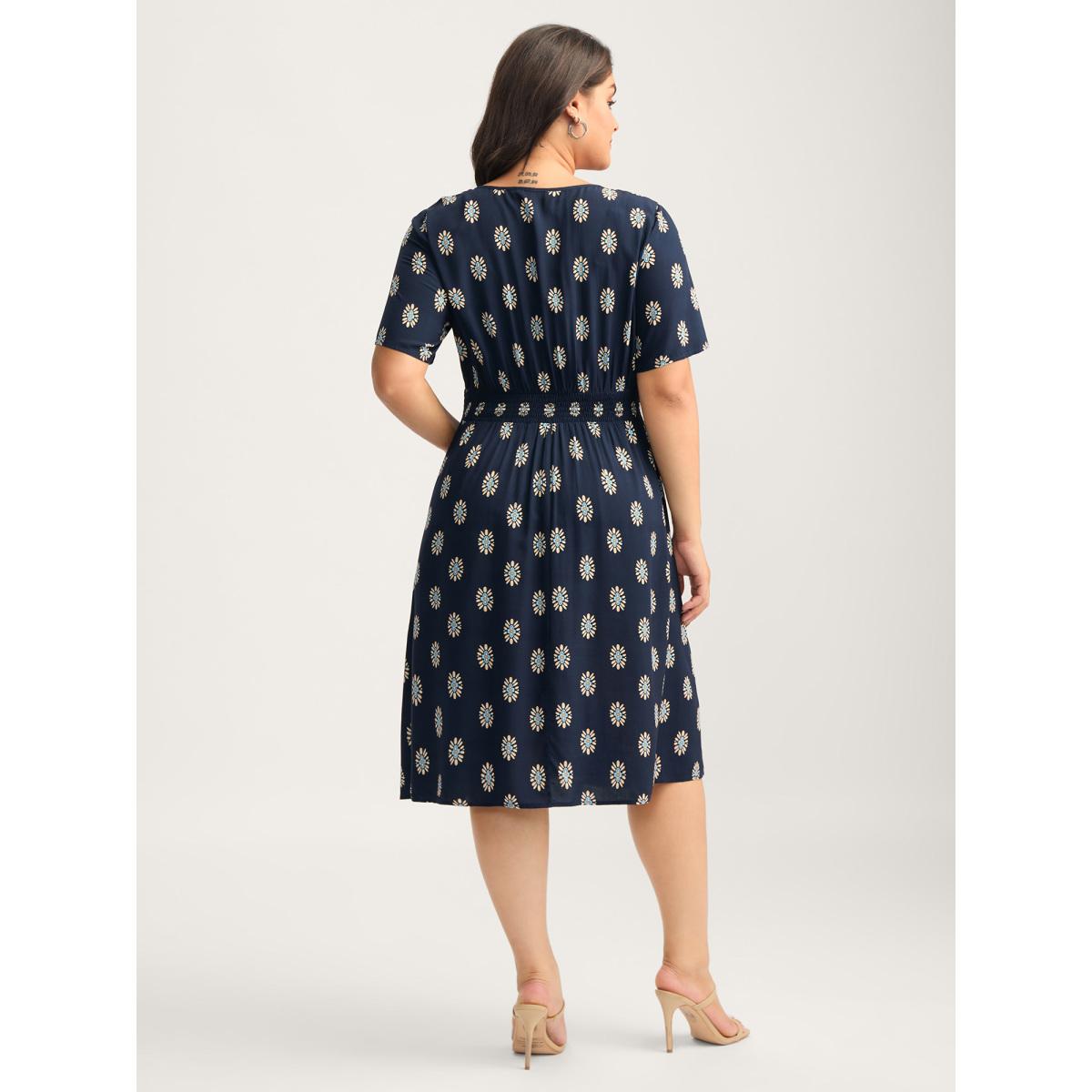 Plus Size Rayon Geometric Floral Print Shirred Midi Dress DarkBlue Women Office Notched collar Short sleeve Curvy BloomChic 18-20/2X Product Image