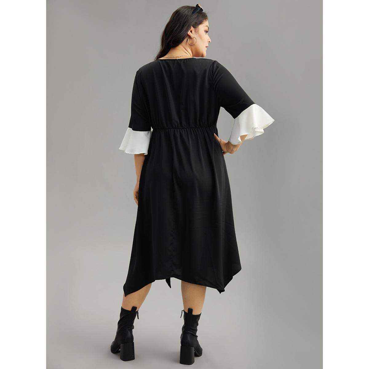Plus Size Contrast Ruffle Sleeve Hanky Hem Dress Black Women Elegant Patchwork V-neck Elbow-length sleeve Curvy Midi Dress BloomChic 22-24/3X Product Image