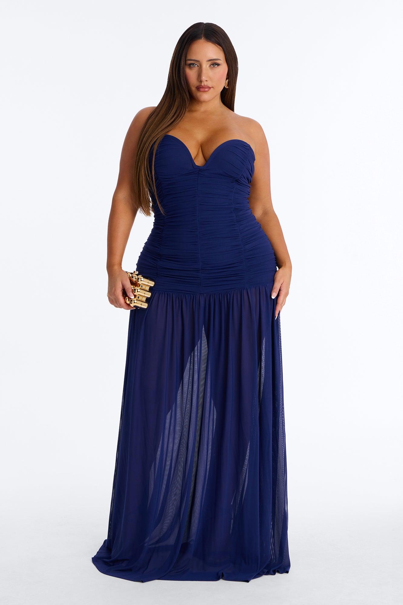Soft Glam Ruched Mesh Gown - Navy Female Product Image