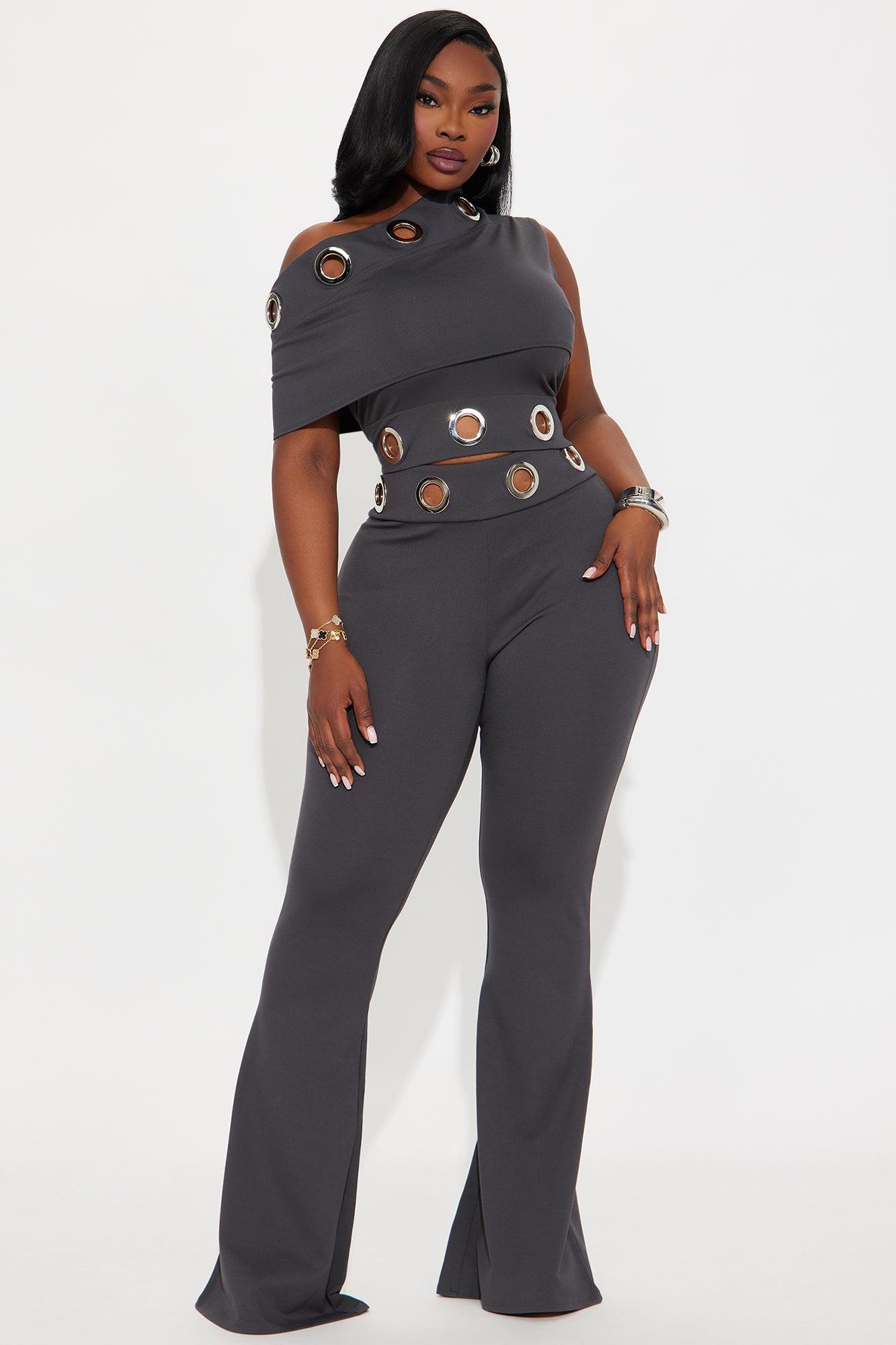 Steel The Show Off Shoulder Pant Set - Dark Grey Product Image