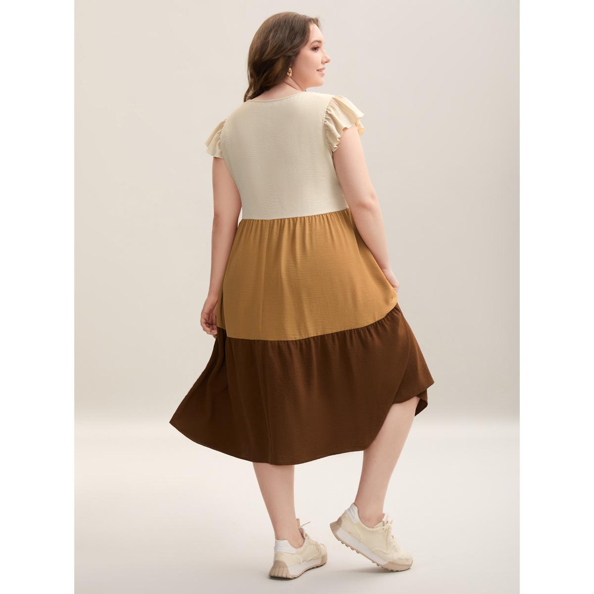 Plus Size Color Block Ruffled Sleeve Tiered Midi Dress LightBrown Women Casual Contrast Round Neck Cap Sleeve Curvy BloomChic 18-20/2X Product Image