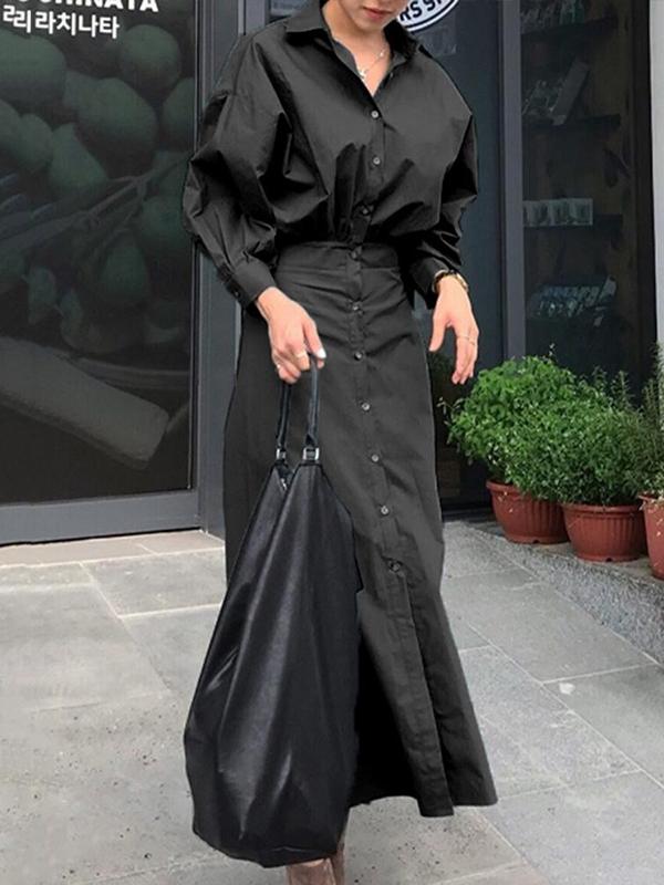 Loose Puff Sleeves Pleated Solid Color Split-Joint Lapel Maxi Dresses Shirt Dress Product Image