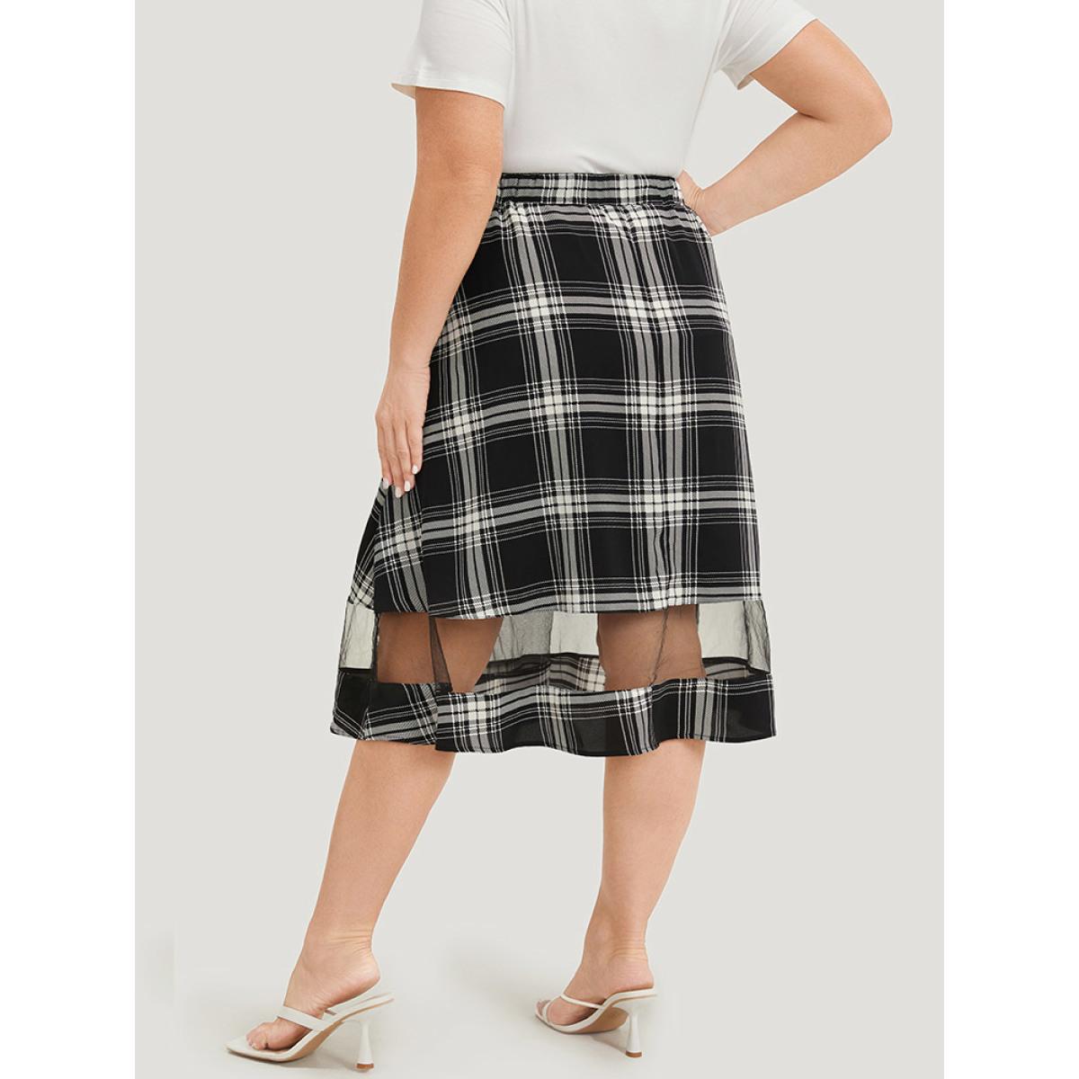 Plus Size Tartan Pocket Mesh Patchwork Elastic Waist Skirt Women Black Office See through No stretch Pocket Work Skirts BloomChic 10/M Product Image