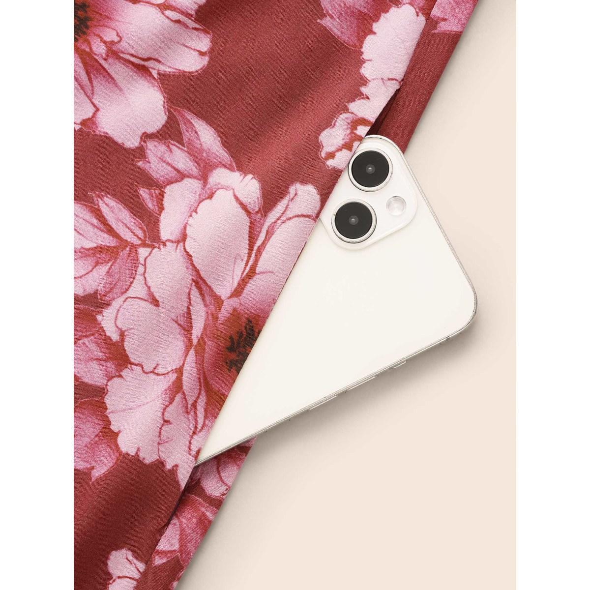 Plus Size Floral Overlap Collar Ruffle Trim Dress RedViolet Women Elegant Gathered Overlap Collar Long Sleeve Curvy BloomChic 22-24/3X Product Image