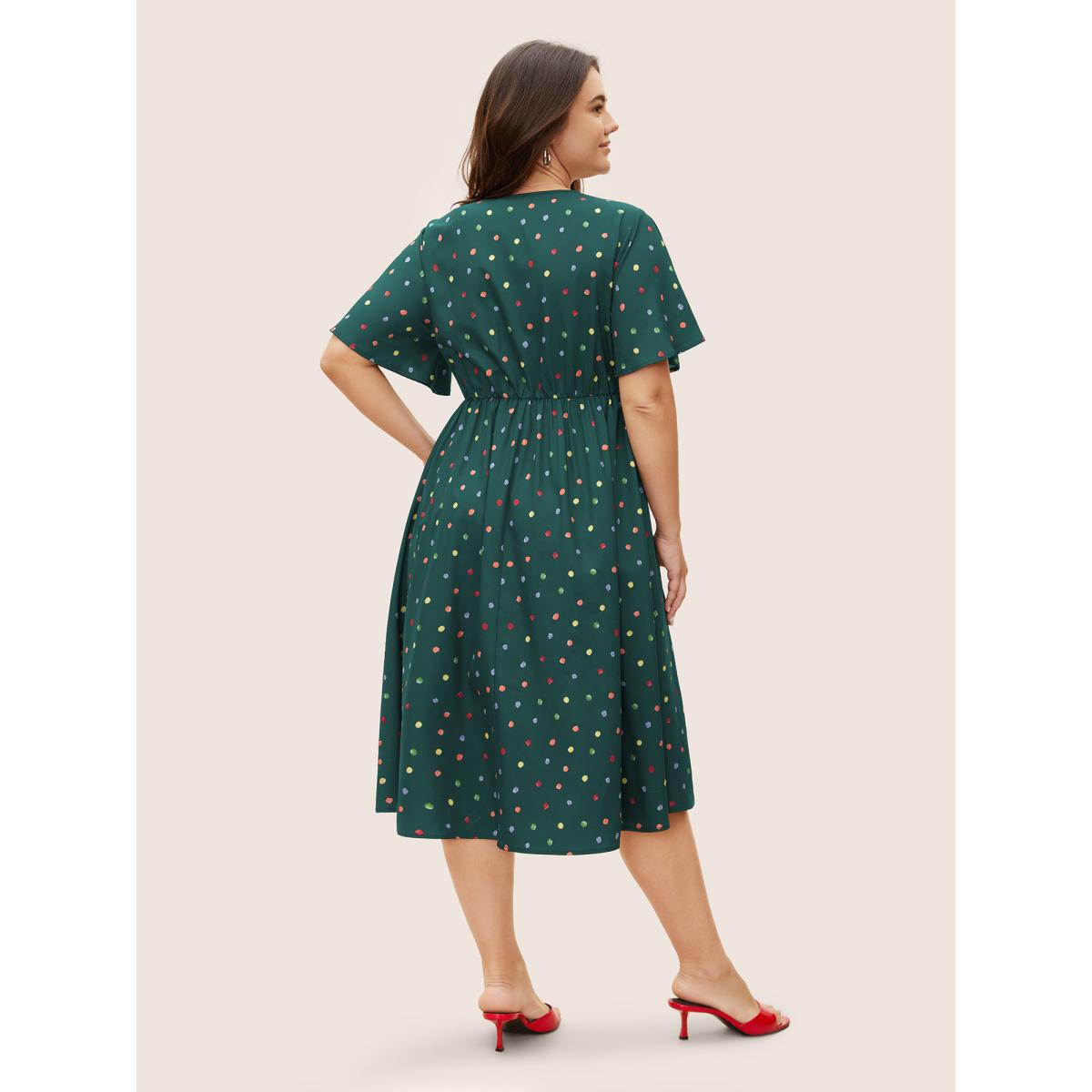 Plus Size Colored Polka Dot Overlap Collar Midi Dress DarkGreen Women Elegant Contrast Overlap Collar Short sleeve Curvy BloomChic 18-20/2X Product Image