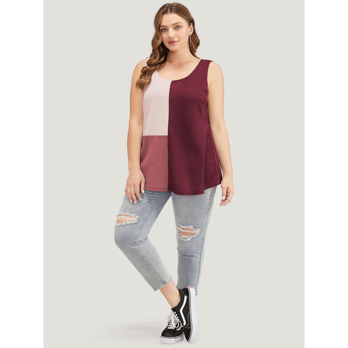 Plus Size Colorblock Contrast Sleeveless Waffle Knit Tank Top Women Burgundy Casual Contrast Scoop Neck Dailywear Tank Tops Camis BloomChic 10/M Product Image