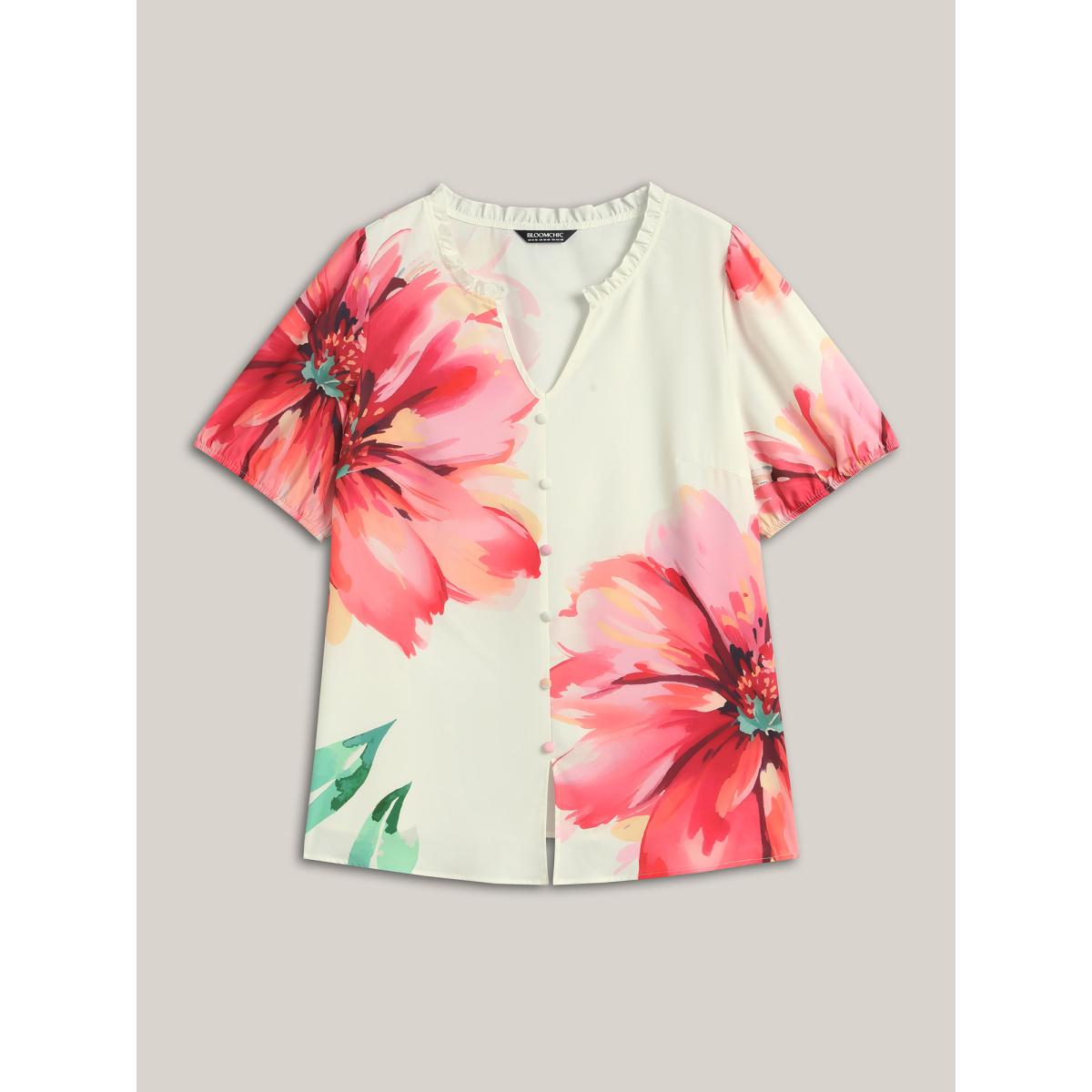 Plus Size Multicolor Floral Paradise Notched Collar Button Blouse Women Half Sleeve Notched collar Everyday-Elegant Blouses BloomChic 12/L Product Image
