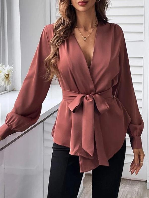 Loose Puff Sleeves Pleated Solid Color Split-Joint Tied Waist V-Neck Blouses&Shirts Tops Product Image