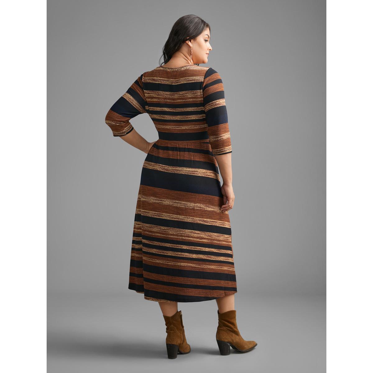Plus Size Striped Elastic Waist Tie Knot Dress Yellowishbrown Women Resort Tie knot Round Neck Elbow-length sleeve Curvy BloomChic 26/4X Product Image