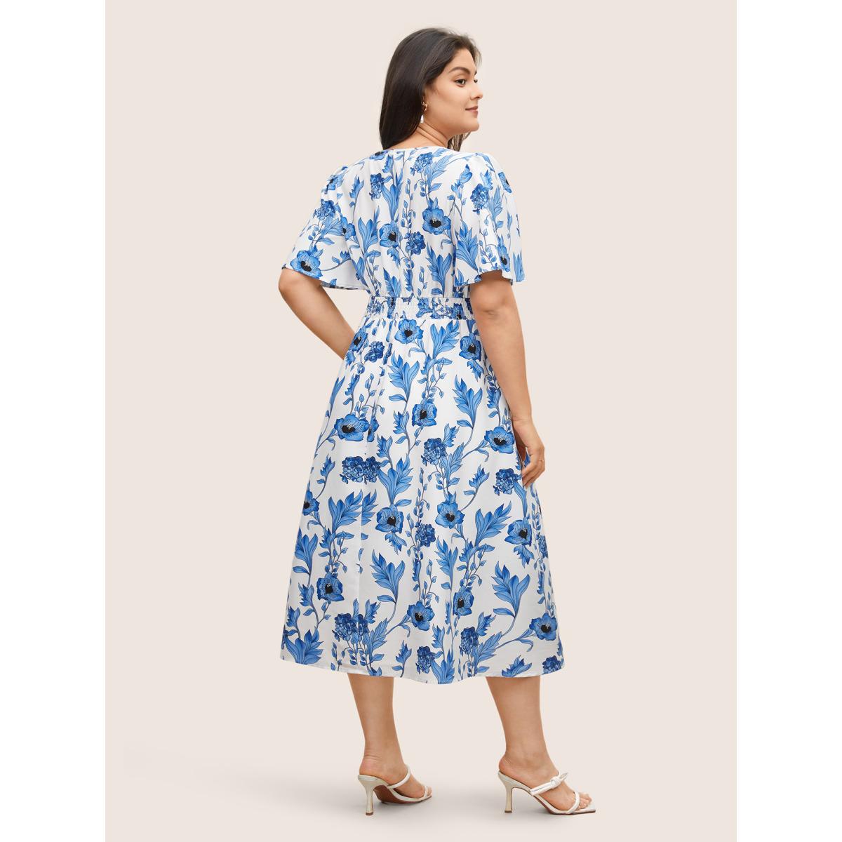 Plus Size Floral Pocket Shirred Elastic Waist Dress White Women Elegant Non V-neck Short sleeve Curvy Midi Dress BloomChic 18-20/2X Product Image