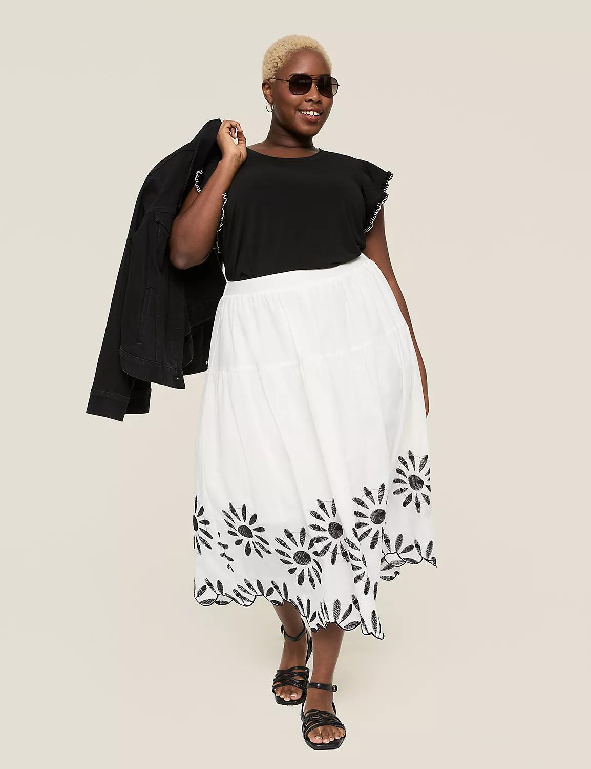 Embroidered Scallop-Hem Tiered Midi Skirt Product Image