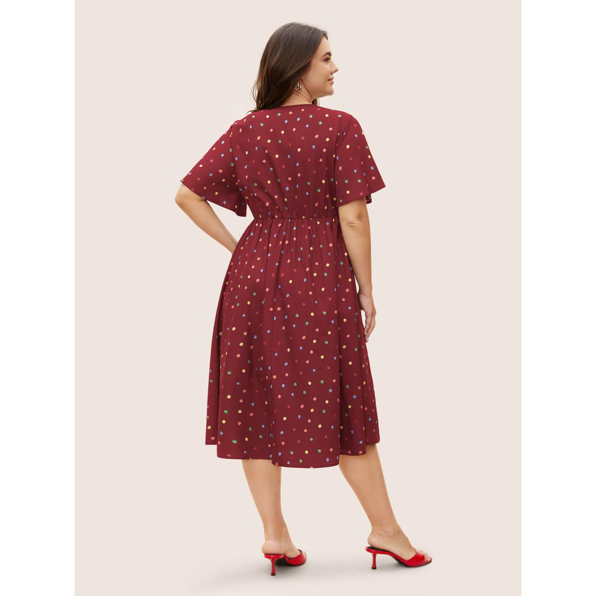 Plus Size Colored Polka Dot Overlap Collar Midi Dress DarkGreen Women Elegant Contrast Overlap Collar Short sleeve Curvy BloomChic 18-20/2X Product Image