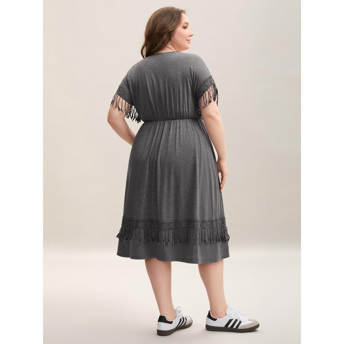 Plus Size Fringe Knit Plain V-Neck Midi Dress DarkGray Women Casual Woven ribbon&lace trim V-neck Cap Sleeve Curvy BloomChic 14-16/1X Product Image