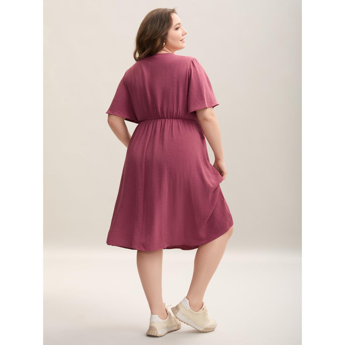 Plus Size Lace Detail Pockets Round Neck Midi Dress Rouge Women Casual Woven ribbon&lace trim Round Neck Short sleeve Curvy BloomChic 28/5X Product Image
