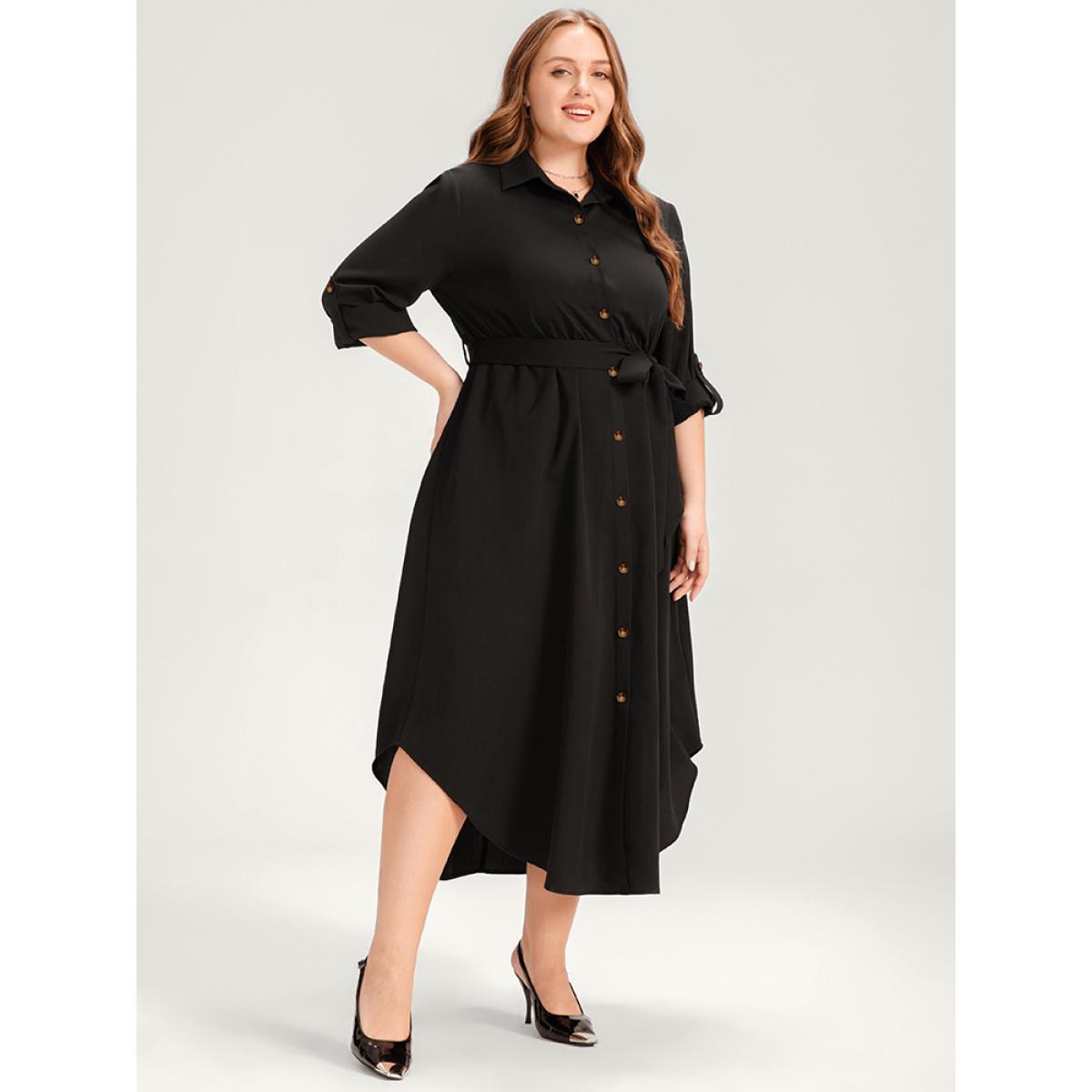 Plus Size Solid Shirt Collar Button Up Belted Arc Hem Dress Black Women Office Belted Shirt collar Long Sleeve Curvy Midi Dress BloomChic 22-24/3X Product Image