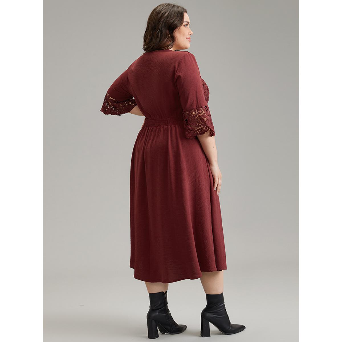 Plus Size Geometric Shirred Lace Patchwork Bell Sleeve Dress Scarlet Women Elegant Plain V-neck Elbow-length sleeve Curvy Midi Dress BloomChic 14-16/1X Product Image