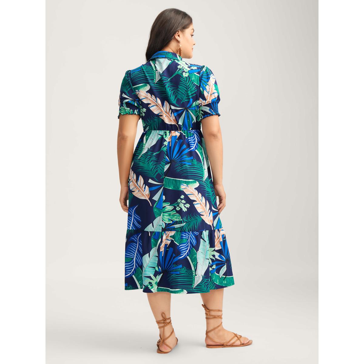 Plus Size Tropical Print Stretchy Waist Pockets Midi Dress Indigo Women Shirt collar Short sleeve Curvy BloomChic 22-24/3X Product Image