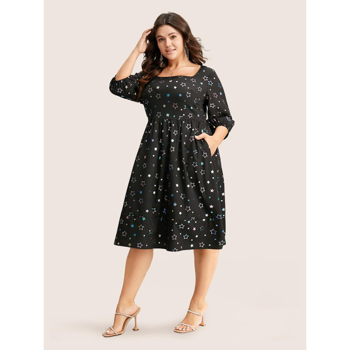 Plus Size Heart Glitter Square Neck Lantern Sleeve Dress Black Women Cocktail Elastic cuffs Square Neck Half Sleeve Curvy Midi Dress BloomChic 14-16/1X Product Image