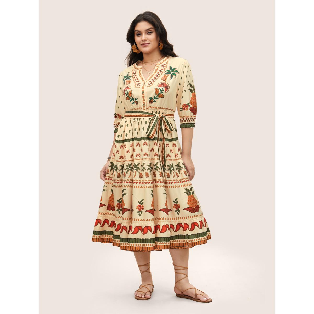 Plus Size Boho Print Notched Collar Patchwork Belted Dress Apricot Women Resort Non Notched collar Elbow-length sleeve Curvy Midi Dress BloomChic 18-20/2X Product Image