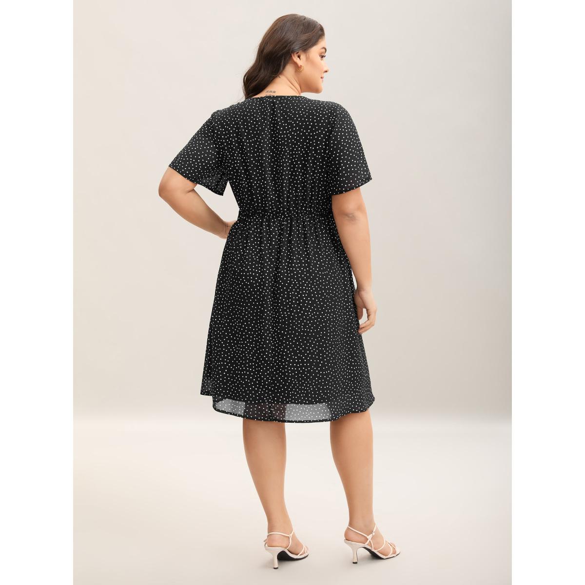 Plus Size Dot Print Stretchy Waist Chiffon Midi Dress Black Women V-neck Short sleeve Curvy BloomChic 12/L Product Image