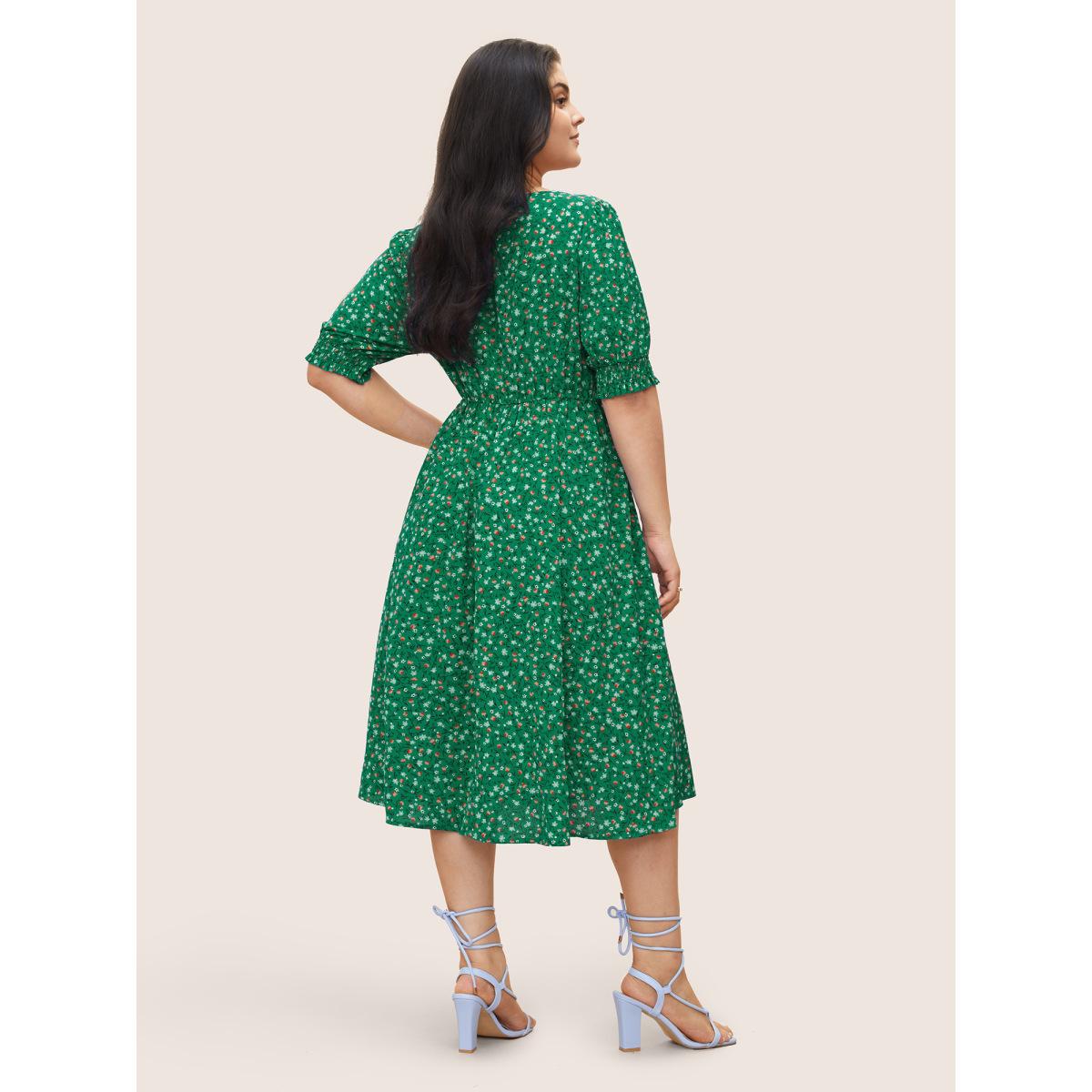 Plus Size Ditsy Floral Drawstring Shirred Cuffs Dress DarkGreen Women Elegant Non Square Neck Half Sleeve Curvy Midi Dress BloomChic 18-20/2X Product Image