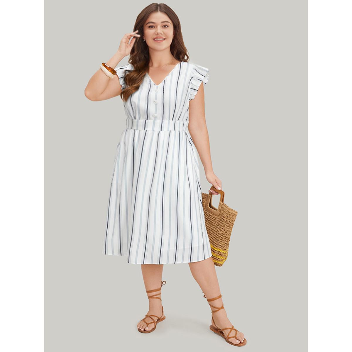 Plus Size Striped Ruffle Cap Sleeve Button Detail Wideband Waist Dress Multicolor Women Elegant Elastic Waist V-neck Cap Sleeve Curvy Midi Dress BloomChic 14-16/1X Product Image