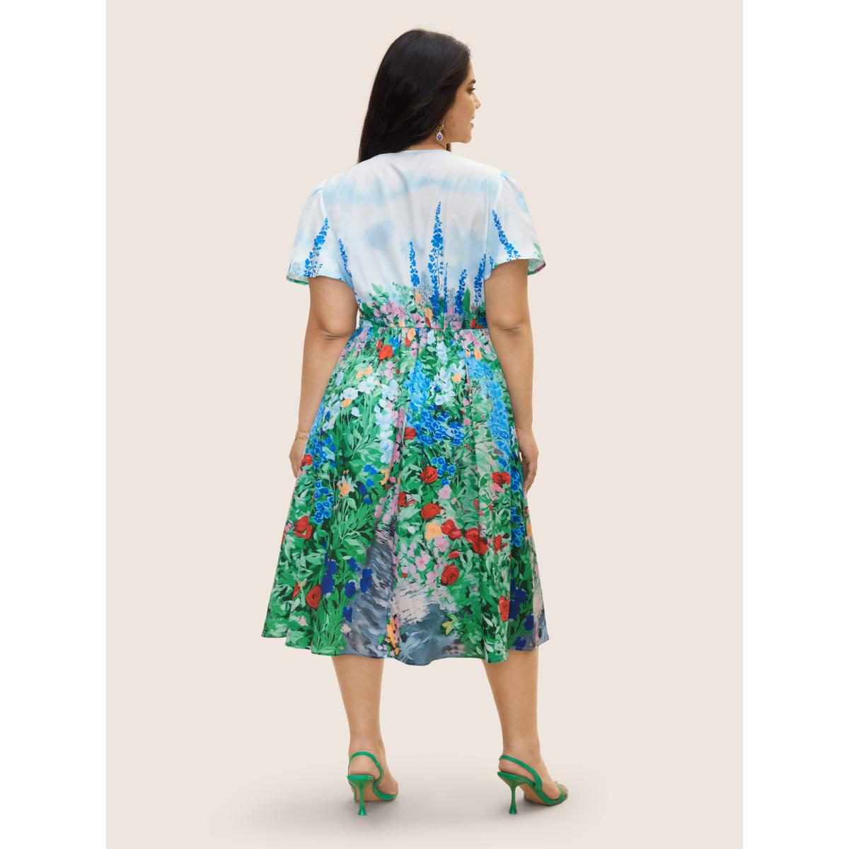 Plus Size Surplice Neck Floral Ruched Midi Dress Multicolor Women Elegant Gathered Overlap Collar Short sleeve Curvy BloomChic 18-20/2X Product Image